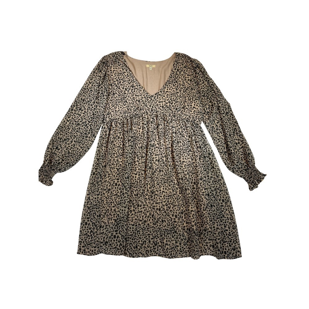Kori America Leopard Print Babydoll Dress Womens Medium V-Neck Smocked Cuff Mini